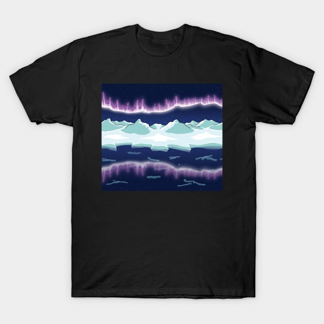 Aurora over snowy mountain T-Shirt by AtelierRillian